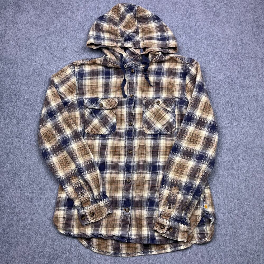 Carhartt Hooded Button-Up Womens Medium Brown Plaid Drawstrings